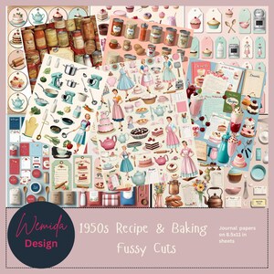 Könnte beinhalten: Eine Sammlung von Papierauschnitten im Vintage-Stil mit dem Thema Rezepte und Backen der 1950er Jahre. Die Designs umfassen Illustrationen von Kuchen, Teekannen, Küchenutensilien und Frauen in Kleidern. Der Text auf dem Bild lautet "1950s Recipe & Baking Fussy Cuts" und "Wemida Design".