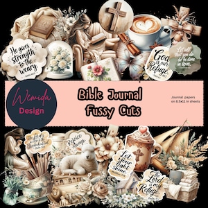 Op de afbeelding: Een collage van Bijbelse fussy cuts met diverse illustraties, waaronder een lezende vrouw, een kruis, een koffiekopje en bloemmotieven. De tekst "Bible Journal Fussy Cuts" is prominent aanwezig, samen met inspirerende citaten. Journalpapier op 21,6 x 27,9 cm vellen.