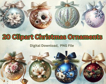 May include: Twenty Christmas ornament clip art images in PNG format. The ornaments are decorated with various floral and holiday themes, including poinsettias, holly, and snowflakes. The ornaments are in a variety of colors, including red, green, blue, and gold.