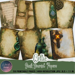 May include: A collection of Celtic junk journal papers featuring aged parchment textures, intricate knotwork, green dragon motifs, stone crosses, and botanical elements. The set includes 59 printable pages in 8.5 by 11 inch high-resolution JPG format.