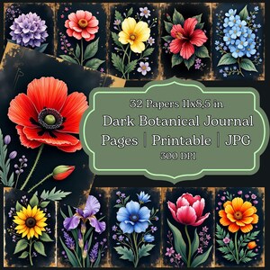 Botanical Flowers Junk Journal Pages & Papers, Floral, Forest, Black, Colorful, Magic, Spring, Summer, Printable Digital Download