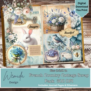 French Country Cottage Scrap Pack, Ephemera, Junk Journal, Kit, Vintage, Blue, Spring, Farm,  Printable Digital Download Fussy Cuts,