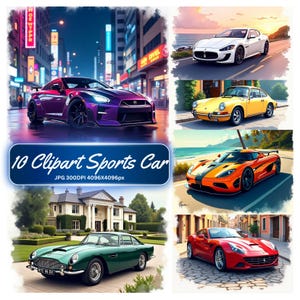 Sports Car Watercolor Clipart | Luxury Cars JPG | High Resolution Digital Download | Printable Wall Art | Instant Download