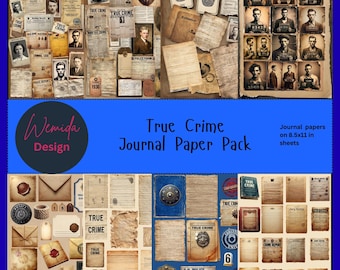 May include: A collection of vintage-style journal papers with a true crime theme. The pack includes various aged papers, mugshots, evidence cards, and police reports. The text "True Crime Journal Paper Pack" is displayed on the image. The papers are 8.5x11 inches.
