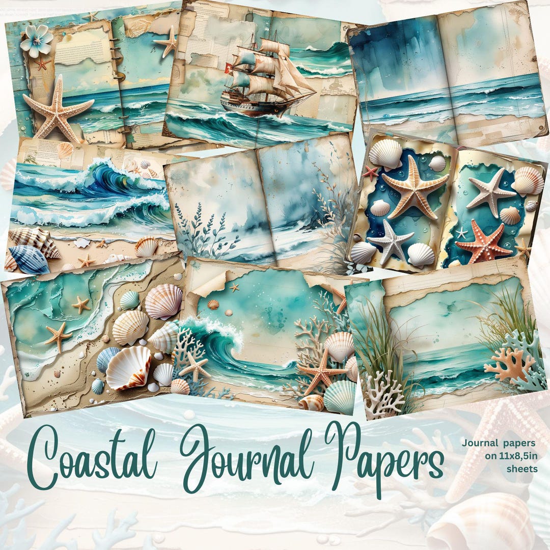Coastal Junk Journal Pages | Watercolor Ocean Backgrounds (digital ...