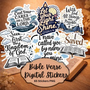 Könnte beinhalten: Eine Sammlung digitaler Aufkleber mit Bibelversen. Die Aufkleber zeigen verschiedene Designs mit inspirierenden Zitaten und religiösen Themen. Der Text "Bible Verse Digital Stickers" ist auf einem beigen Etikett zu sehen. Die Aufkleber sind im PNG-Format.