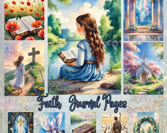Páginas de diario de acuarela sobre la fe – Arte cristiano para diario creativo, juego imprimible