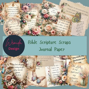 May include: A collage of vintage-style Bible scripture scraps with floral and butterfly accents. The design includes various verses, such as Psalm 23 and Proverbs 3:5. The text "Bible Scripture Scraps Journal Paper" is also visible.