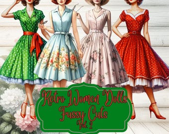 1950s Fashion Women Clipart, Watercolor Retro Ladies (Digital Download)