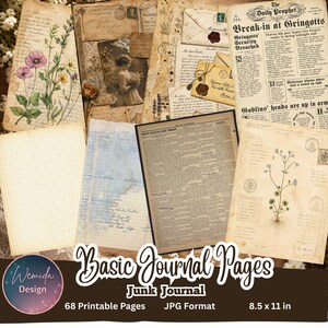 May include: A collection of printable junk journal pages featuring vintage-style designs, including botanical illustrations, aged paper textures, grid patterns, handwritten script, envelopes with wax seals, and a newspaper titled The Daily Prophet.