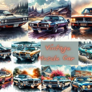 Könnte beinhalten: Eine Sammlung von klassischen Muscle Cars in verschiedenen Farben, darunter Rot, Blau, Grün und Schwarz. Die Autos sind alle klassische amerikanische Modelle aus den 1960er und 1970er Jahren und befinden sich in einem hervorragenden Zustand. Das Bild ist eine Collage aus verschiedenen Fotos und ein großartiges Beispiel für das klassische amerikanische Muscle Car.