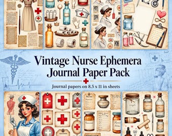 Puede incluir: Una colección de papeles para diario con temática de enfermería vintage, que incluye ilustraciones de uniformes, frascos de medicina de vidrio, estetoscopios, tijeras, vendas y cruces rojas, con el texto Vintage Nurse Ephemera Journal Paper Pack.