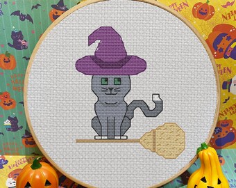 Witch Cat Halloween Cross Stitch Pattern
