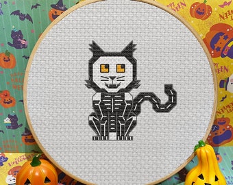 Patrón de punto de cruz de Halloween con gato esqueleto