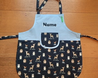 Children's apron with name "Deer Forest Animals" personalized kitchen helper set chef's hat