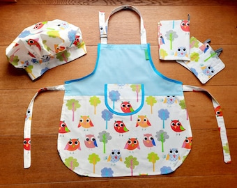 Children's apron with name "Owl" girls set chef's hat kitchen helper personalized