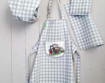 Children's apron boys with name check pocket tractor