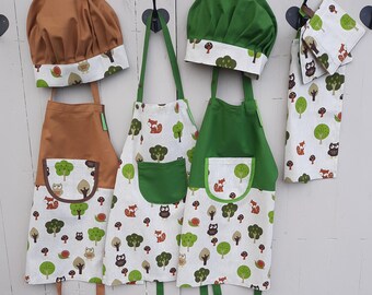 Children's apron / kitchen helper set forest animals / chef's hat pot holder set personalized