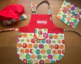 Children's apron, chef's hat, tea towel and pot holder, placemat, apples with desired name