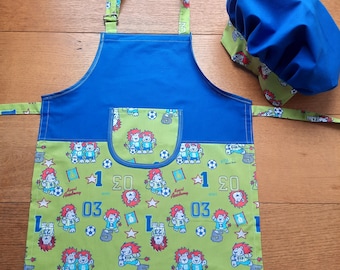 Children's apron with name boys football lion kitchen helper set chef's hat