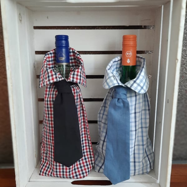 Flaschentasche Flaschenbeutel mit Krawatte aus einem  Hemd Upcycling