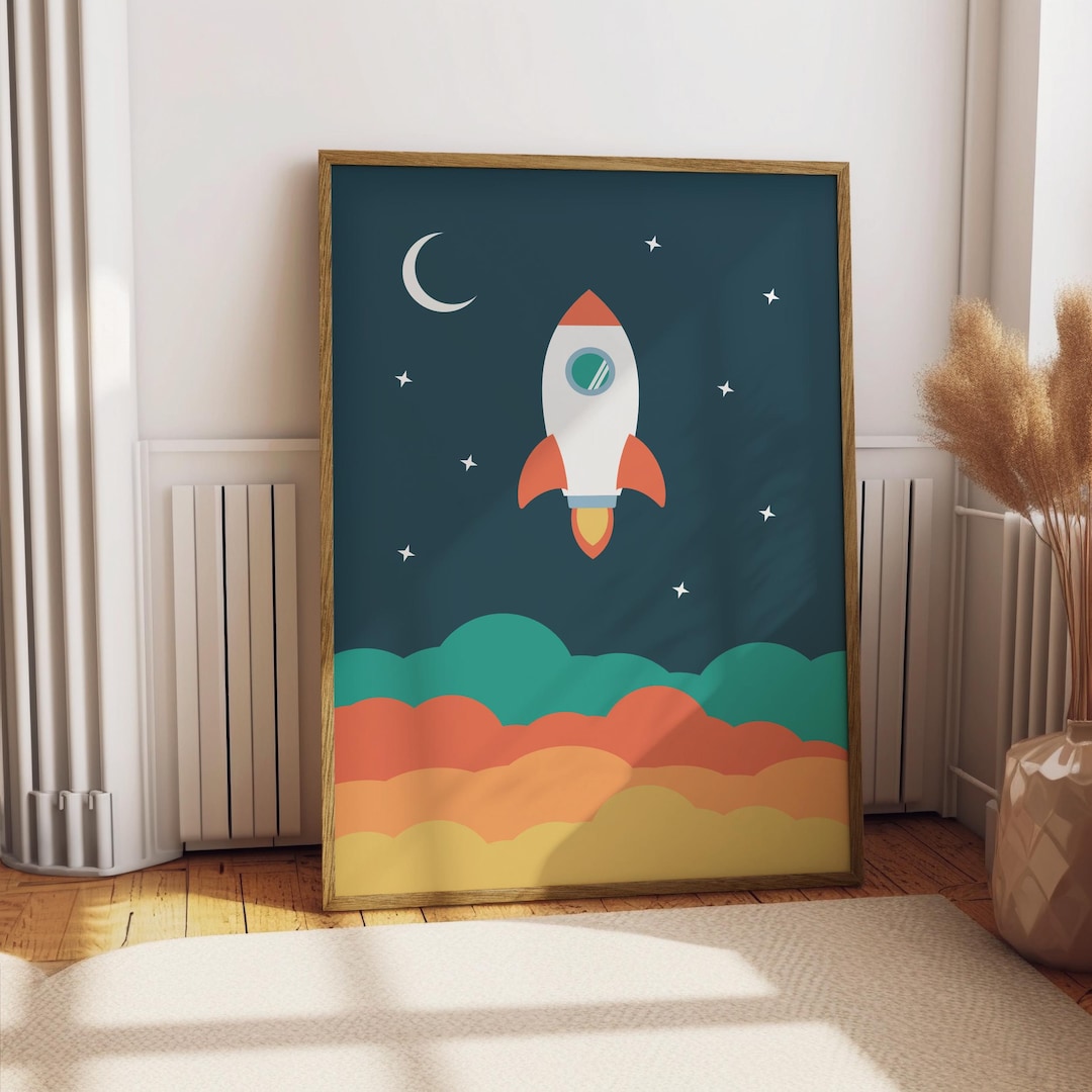 Space Rocket - Nursery & Kids Bedroom Wall Art Print | Kids Outer Space ...