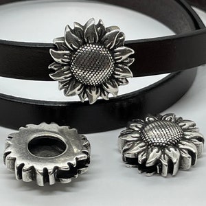 Detailed Sunflower Sliders for 10mm Flat Leather - Antique Silver - SP745 - Choose Your Quantity