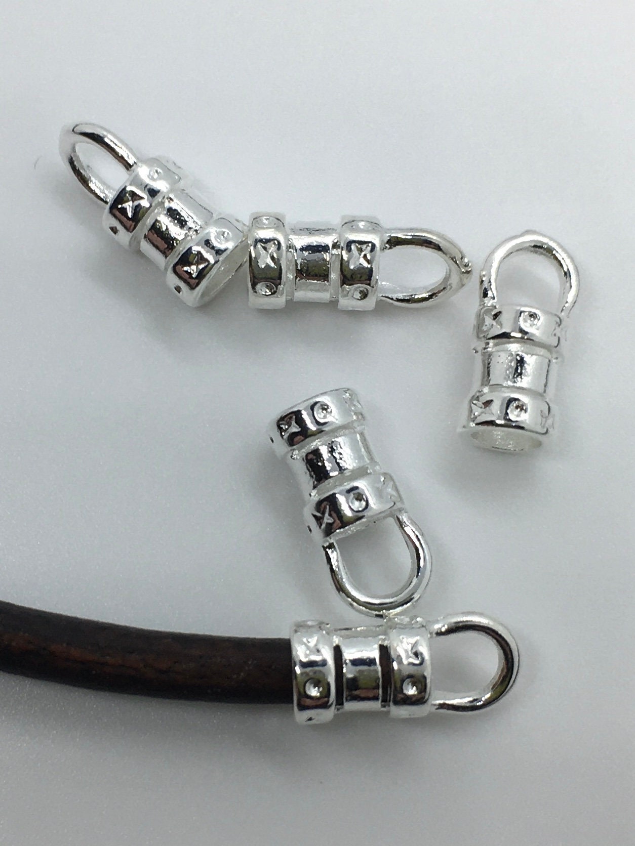 Leather Robe Crimp 3mm Leather Crimp End With Loop Silver Plated - SP - Pack of 20 Pieces ...