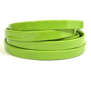 Può includere: Un cordoncino in pelle verde lime, arrotolato a spirale. Il cordoncino è liscio e lucido, e sembra essere fatto di pelle di alta qualità.