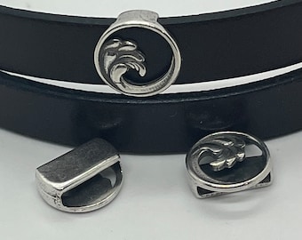 Open Circle Wave Sliders for 10mm Flat Leather - Antique Silver - Choose Your Quantity