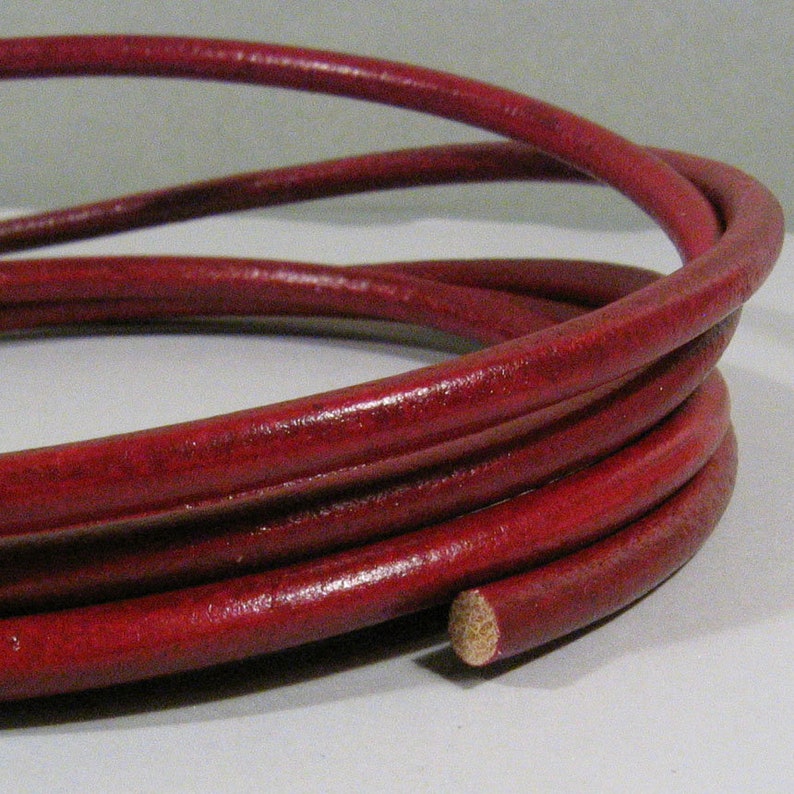 May include: A close-up of a coil of red leather cord. The cord is smooth and has a slight sheen.