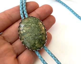 Vintage Bolo Tie, Blue Leather and Green Stone, *Rust Damage, Unique Mens Southwest