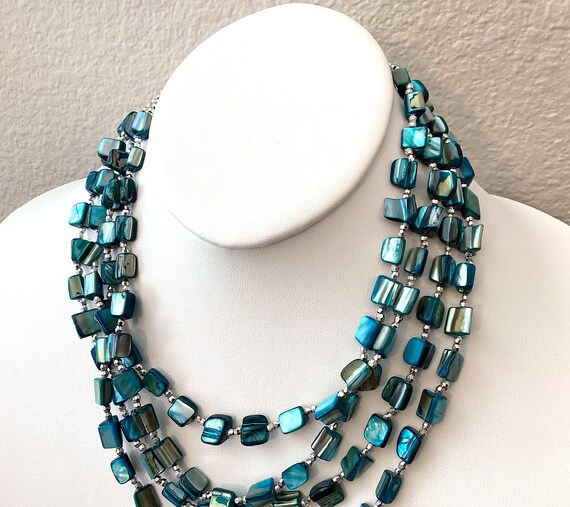 Teal Shell Necklace, Multistrand Statement Neckla… - image 4
