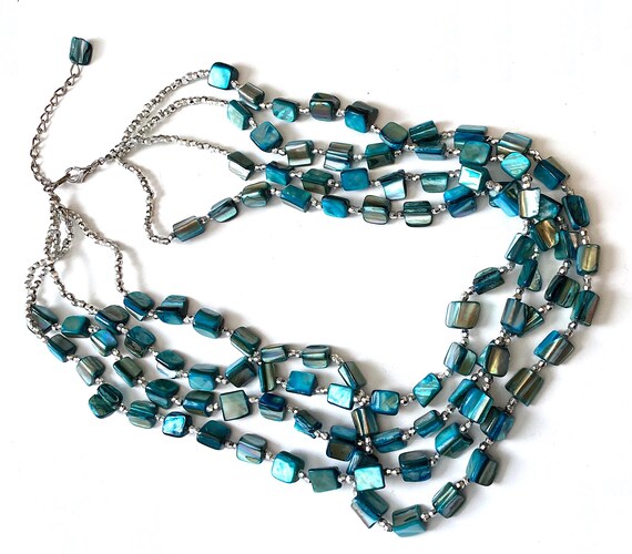 Teal Shell Necklace, Multistrand Statement Neckla… - image 3