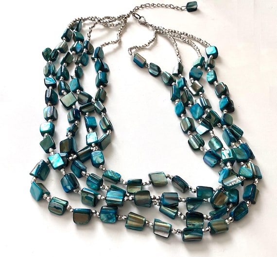 Teal Shell Necklace, Multistrand Statement Neckla… - image 5