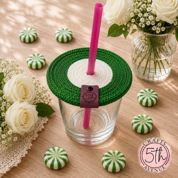Handmade Drink Cover, Green and White Cup Cover, Reusable Bug Protector, Straw Friendly Beverage Cover, Outdoor Drink Lid
