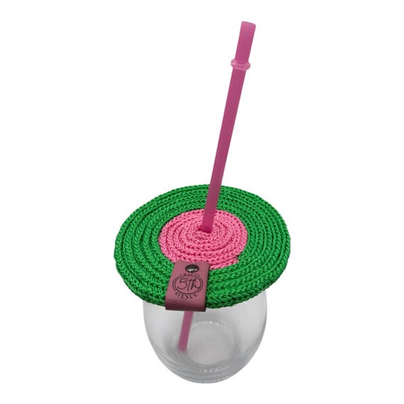 Rose Pink and Green (outer)-Hand Knitted Drink Cover • Outdoor Bug Protector, Picnic Accessory