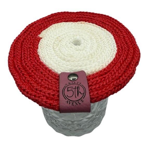 Red & White (inner) Hand Knitted Drink Cover • Outdoor Bug Protector, Summer Picnic Accessory