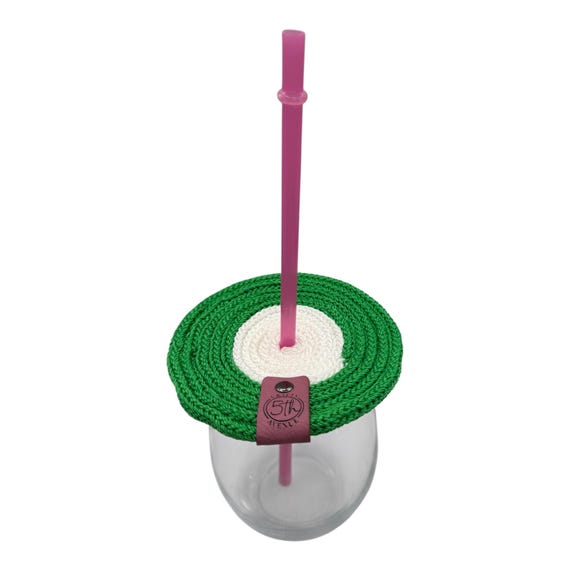 Green & White (inner) Hand Knitted Drink Cover • Outdoor Bug Protector, Summer Picnic Accessory