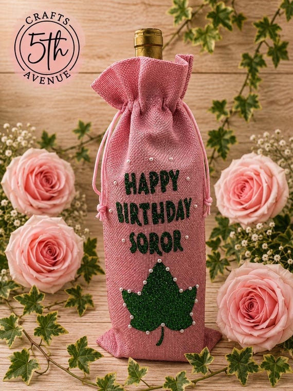 Happy Birthday Soror Wine Bottle Gift Bag, Pink & Green Sorority Inspired