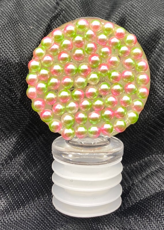 Beaded Bottle Stopper, Round Pink Green, Unique, Handmade, Wine, Wedding Favor Idea, 1908, Bartender Tool, Party Utensil, AKA Sorority