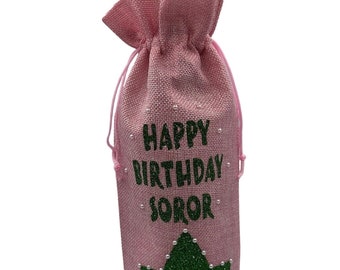 Happy Birthday Soror, pink & green wWne bag, Gift Bag (pink w/ivy)