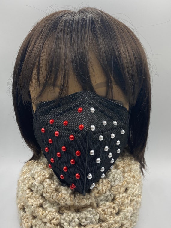 Black mask with Red & White Beads (each side)