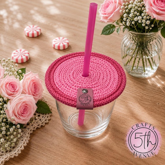Handmade Drink Cover, Pink Cup Cover with Straw Opening, Reusable Beverage Protector, Outdoor Drink Cover, Cup Lid