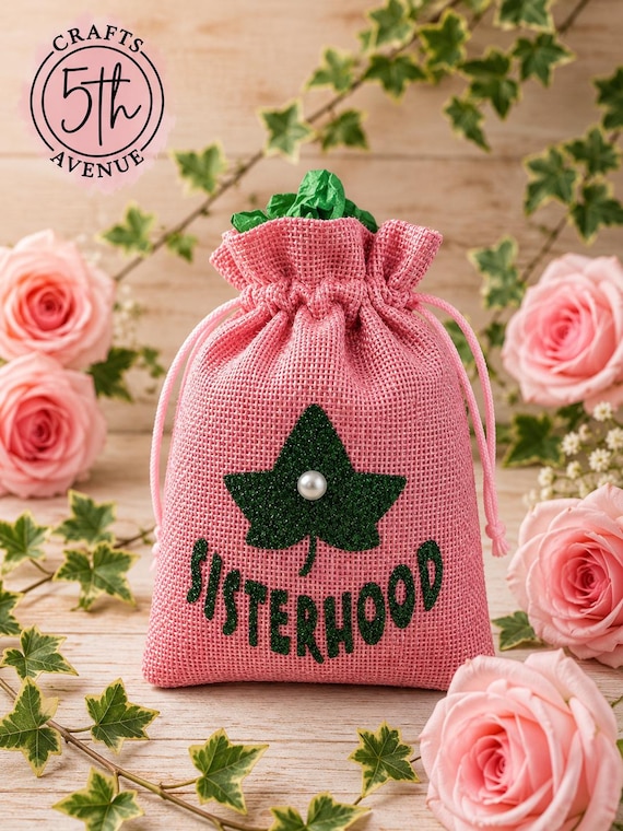 Sisterhood Gift Bag, Pink and Green Drawstring Bag, Ivy Leaf Gift Bag, Pearl Accent Sorority Gift, Small Burlap Gift Bag