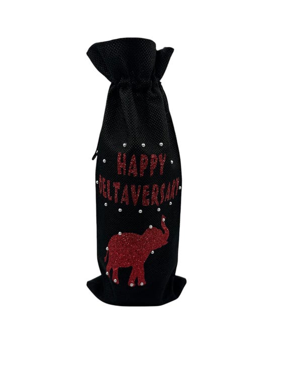 Delta Sigma Theta Wine Bag “Happy Deltaversary” (black bag, white pearls)
