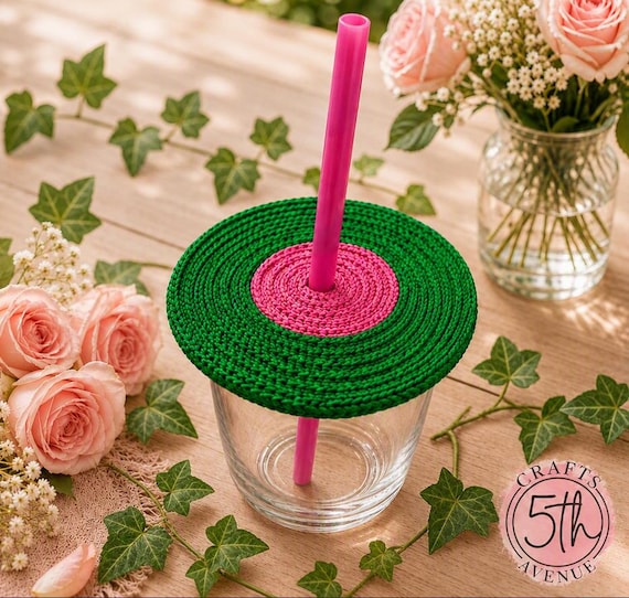 Hand Knitted Drink Cover, Rose Pink & Green Cup Topper, Outdoor Bug Protector, Reusable Glass Cover (4.25 inches)