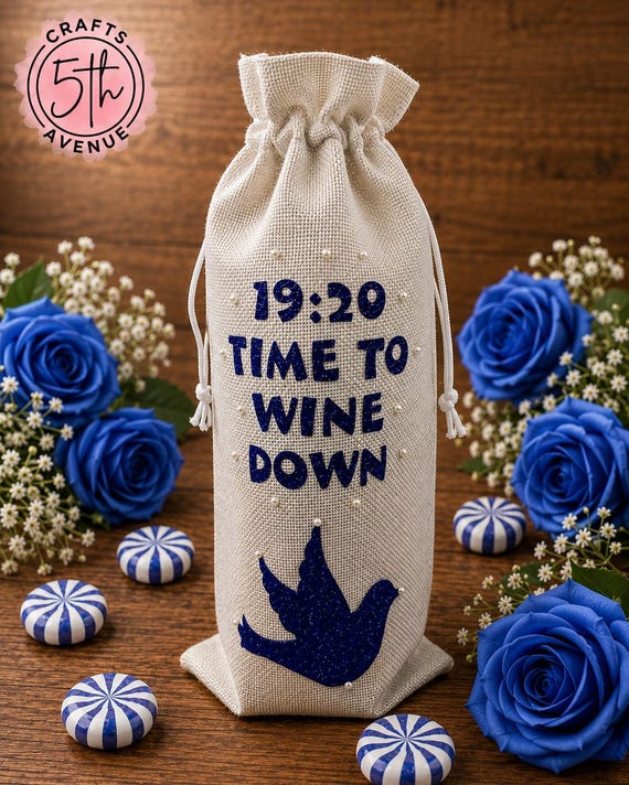 1920 Time to Wine Down Gift Bag, Blue Glitter Dove Wine Bottle Bag, Pearl Embellished Burlap Drawstring Gift Bag
