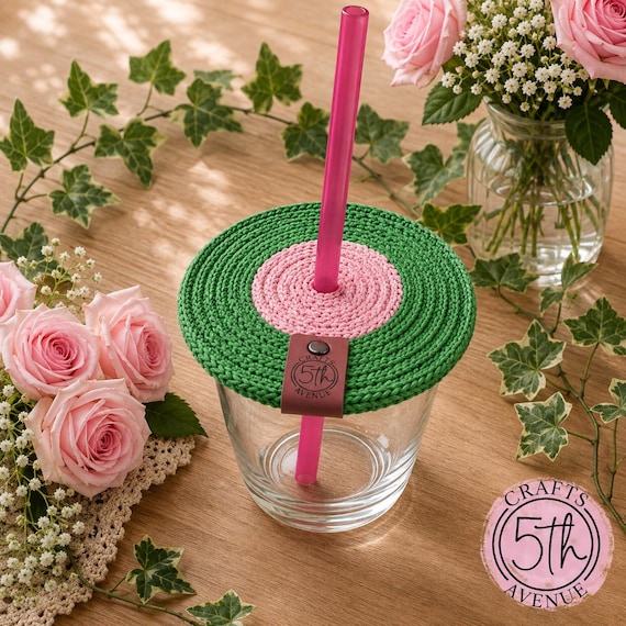 Baby Pink & Green (outer) Hand Knitted Drink Cover • Outdoor Bug Protector, Summer Picnic Accessory, Drink Topper