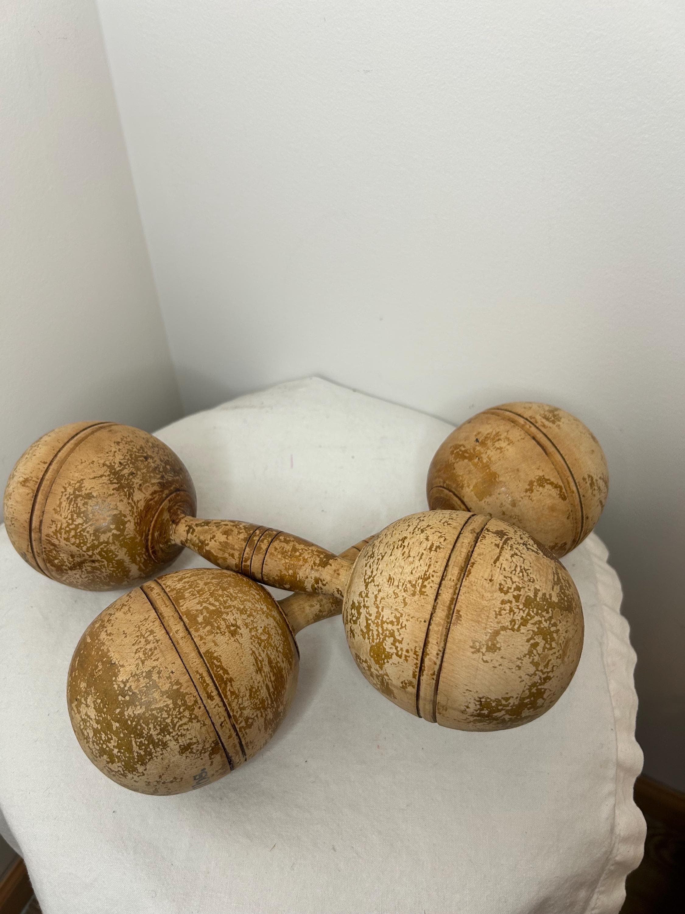 Vintage Antique wooden 2lb Dumbbell Hand Weights, Sports Decor, Vintage Workout Equipment set of 2 man cave decor vintage sports